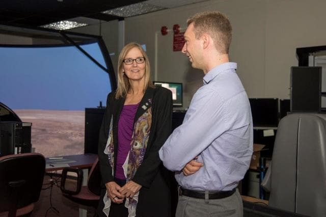 NASA image: NASA Acting Deputy Chief Technologist Vicki Crisp and Jesse Brady Discuss an Aircraft Simulation Project