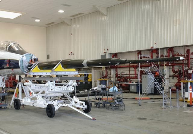 NASA image: Gulfstream's Quiet Spike sonic boom mitigator being installed on NASA DFRC's F-15B testbed aircraft
