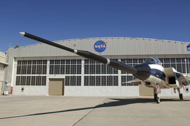 NASA image: NASA's F-15B testbed aircraft with Gulfstream Quiet Spike sonic boom mitigator attached