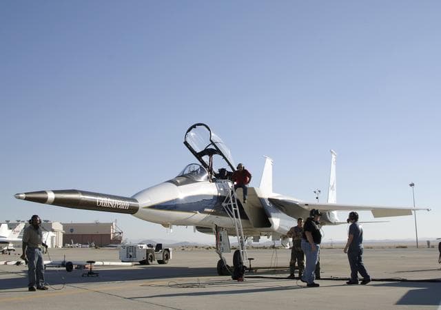 NASA image: NASA's F-15B testbed aircraft undergoes pre-flight checks before performing the first flight of the Quiet Spike project