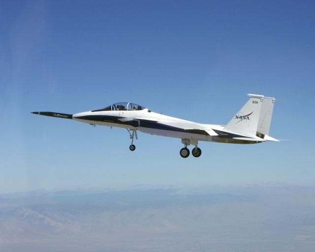 NASA image: NASA's F-15B testbed aircraft in flight during the first evaluation flight of the joint NASA/Gulfstream Quiet Spike project