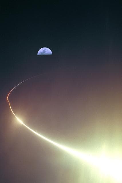 NASA image: KENNEDY SPACE CENTER, FLA. -  NASA's Lunar Prospector spacecraft launched successfully on its way to the Moon from Launch Complex 46 (LC46) at Cape Canaveral Air Station on Jan. 6 at 9:38 p.m. EST.  It was the inaugural launch of Lockheed Martin's Athena II launch vehicle and the first launch from LC46, operated by Spaceport Florida Authority.  Lunar Prospector, built for the NASA Ames Research Center by Lockheed Martin, is a spin-stabilized spacecraft designed to provide NASA with the first global maps of the Moon's surface and its gravitational magnetic fields, as well as look for the possible presence of ice near the lunar poles.  It will orbit the Moon at an altitude of approximately 63 miles during a one-year mission.