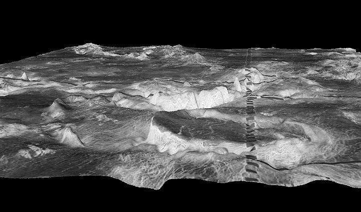 NASA image: Three-dimensional perspective views of Venusian Terrains composed of reduced resolution left-looking synthetic-aperture radar images merged with altimetry data from the Magellan spacecraft.