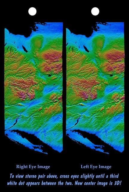 NASA image: Stereo Pair of Height as Color & Shaded Relief, New York State, Lake Ontario to Long Island