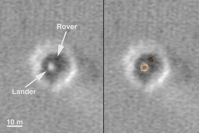 NASA image: Comparison of a Computer Graphic Model of the Opportunity Lander and Rover with MOC Orbital Image