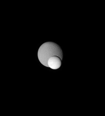 NASA image: Enceladus and Dione