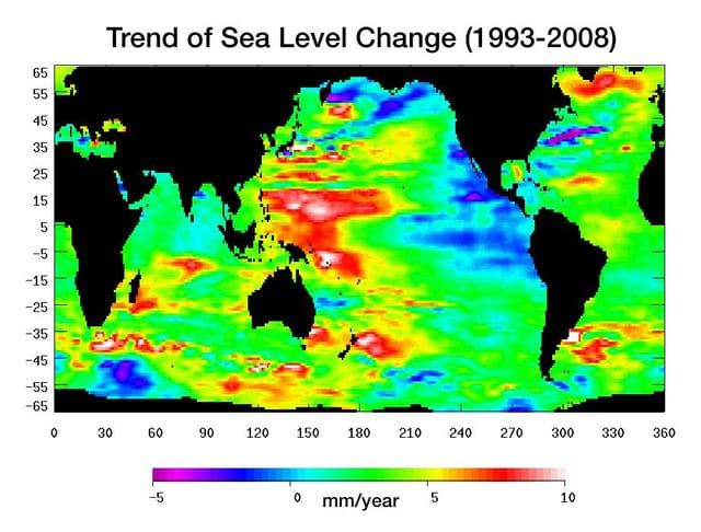 NASA image: Portrait of a Warming Ocean and Rising Sea Levels:<br />Trend of Sea Level Change 1993-2008