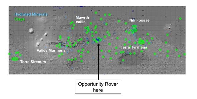 NASA image: Regions of Mars with Clays and Hydrated Minerals Identified from Orbit