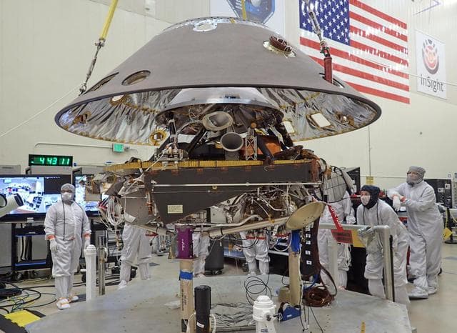 NASA image: Lowering Back Shell onto Stowed InSight Lander