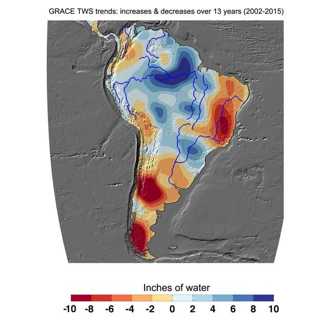 NASA image: Cumulative Total South America Freshwater Losses as Seen by NASA GRACE, 2002-15