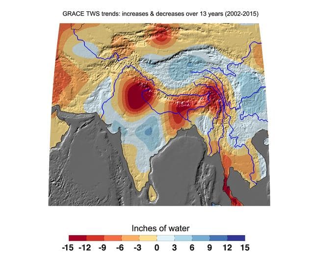 NASA image: Cumulative Total India Freshwater Losses as Seen by NASA GRACE, 2002-15