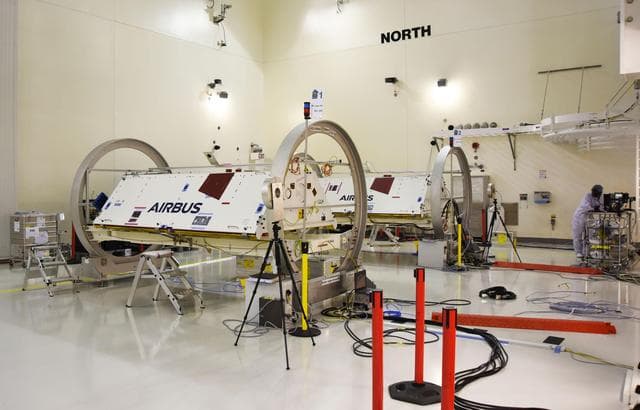 NASA image: GRACE-FO Satellites in a Clean Room at Vandenberg Air Force Base