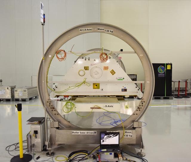 NASA image: GRACE-FO Satellites in a Clean Room at Vandenberg Air Force Base