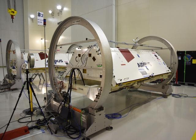 NASA image: GRACE-FO Satellites in a Clean Room at Vandenberg Air Force Base