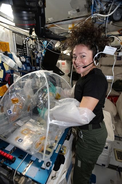 NASA image: Astronaut Jessica Meir processes samples of heart stem cells and bacteria that cause pneumonia