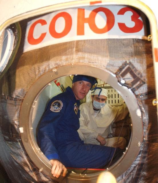 NASA image: Expedition 8 crewmembers attend pre-launch inspection briefing at Baikonur