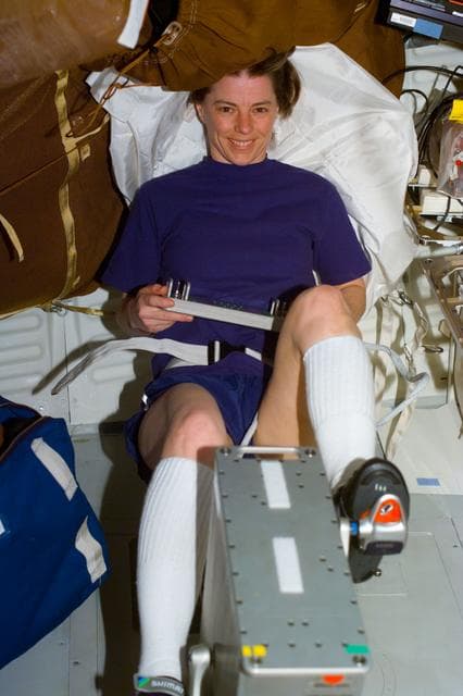 NASA image: MS Dunbar exercises on an ergometer